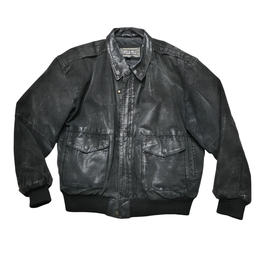 Otello Pelle Leather Jacket Mens Large Black‎ Bomber Insulated Lined Pockets